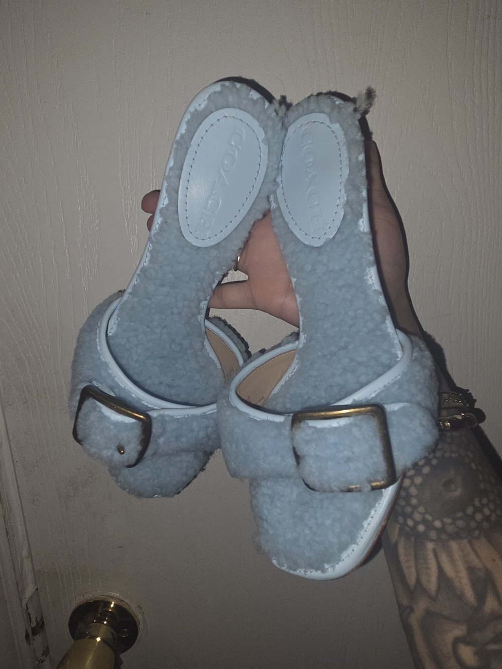 Coach Light Blue Shearling Slide Sandals